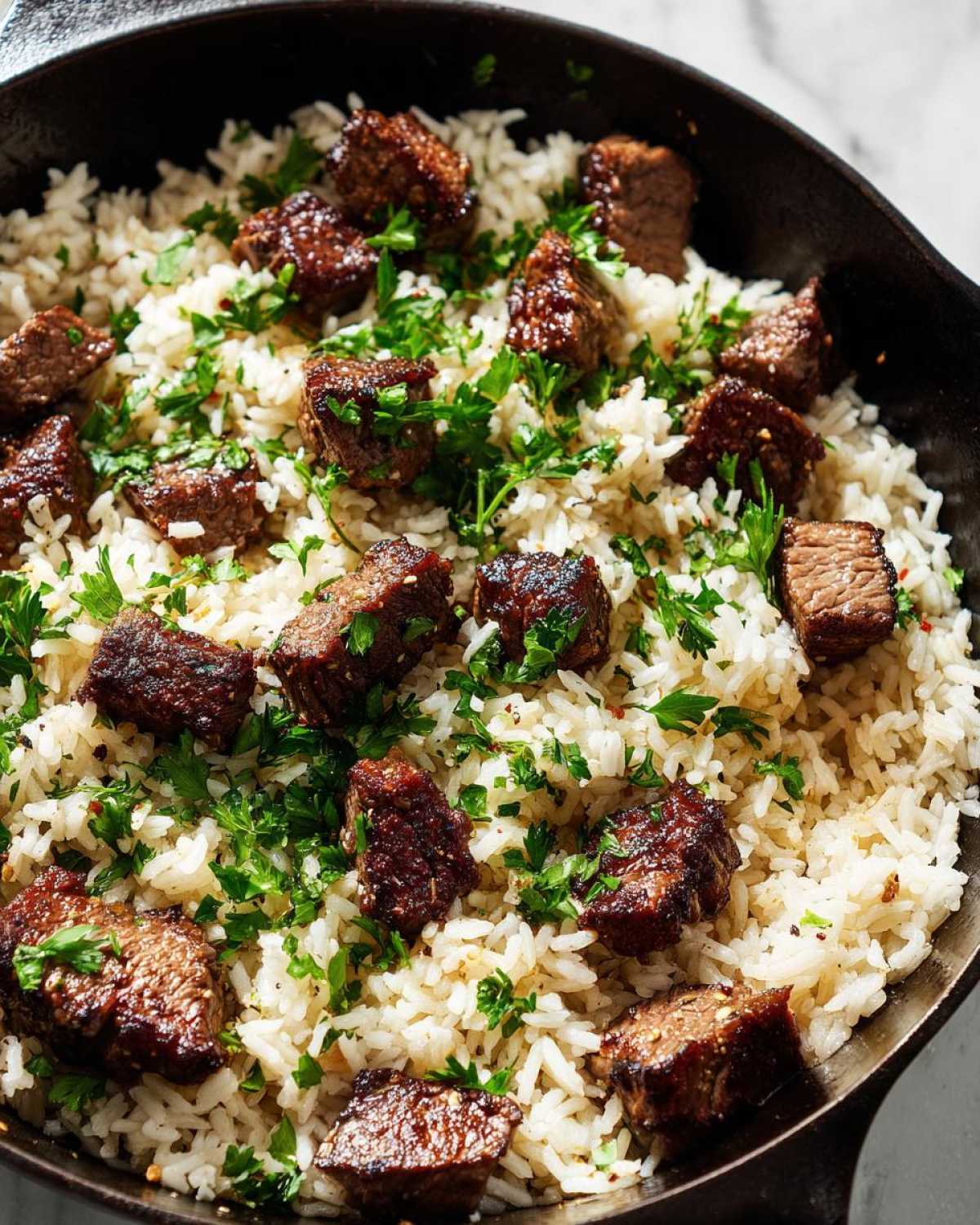 Close-up of Garlic Butter Steak and Rice Skillet Dinner with seared steak bites over white rice, garnished with fresh parsley.