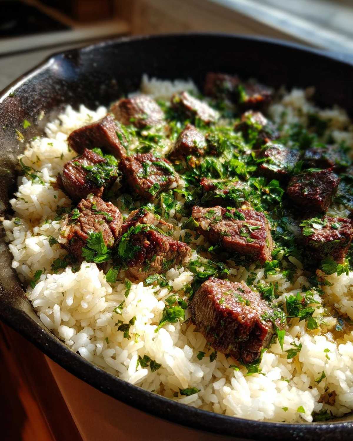 Close-up of Garlic Butter Steak and Rice Skillet Dinner, featuring seared steak cubes over white rice topped with fresh parsley.