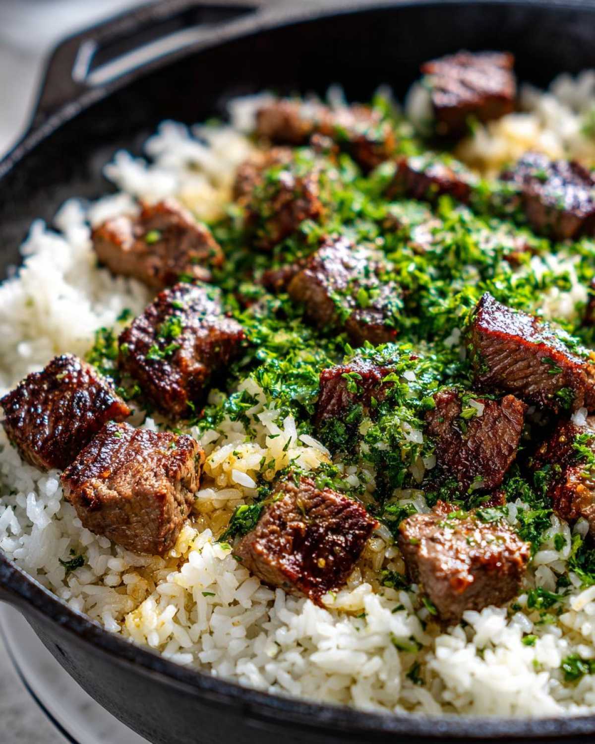 Close-up of Garlic Butter Steak and Rice Skillet Dinner with seared steak cubes topped with fresh green herbs.