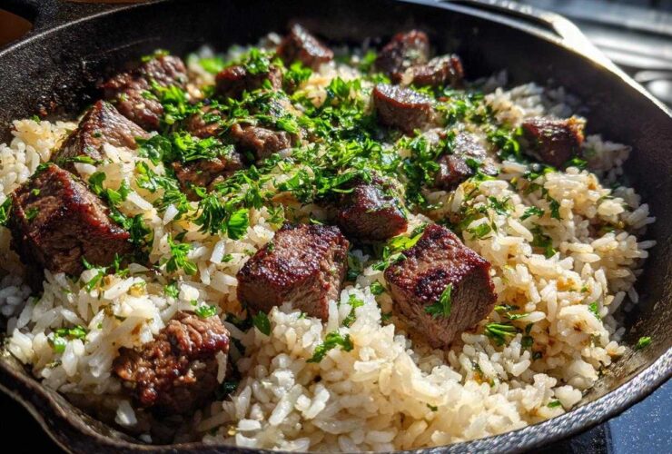 Close-up of Garlic Butter Steak and Rice Skillet Dinner topped with fresh parsley in a cast iron pan.