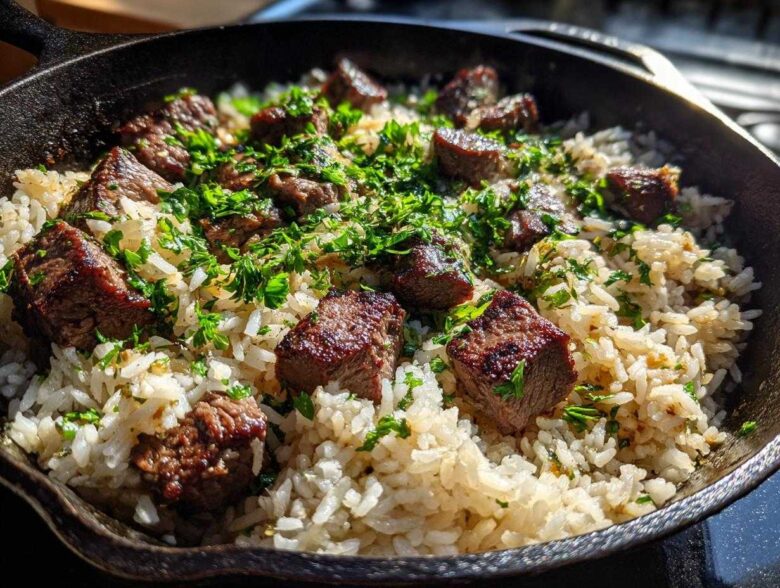 Close-up of Garlic Butter Steak and Rice Skillet Dinner topped with fresh parsley in a cast iron pan.
