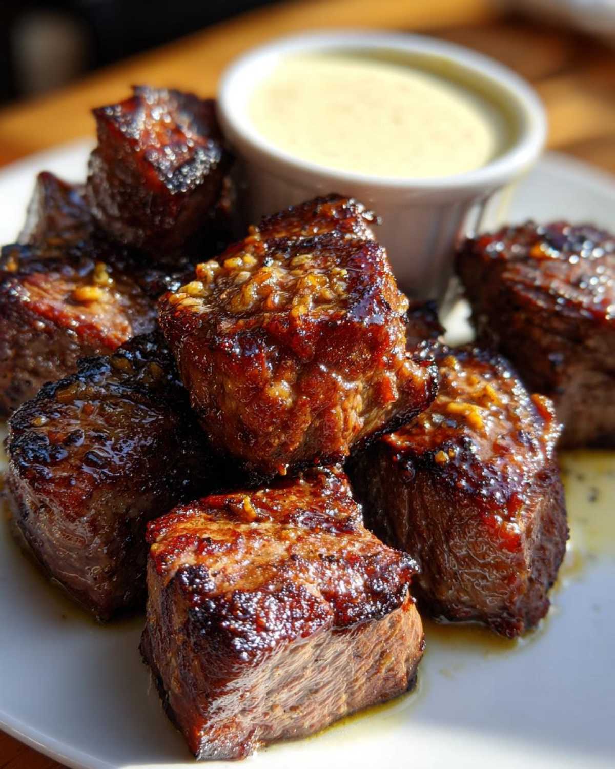 Close-up of juicy, seared Garlic Butter Steak Bites glistening with sauce, served next to a small cup of creamy dipping sauce.