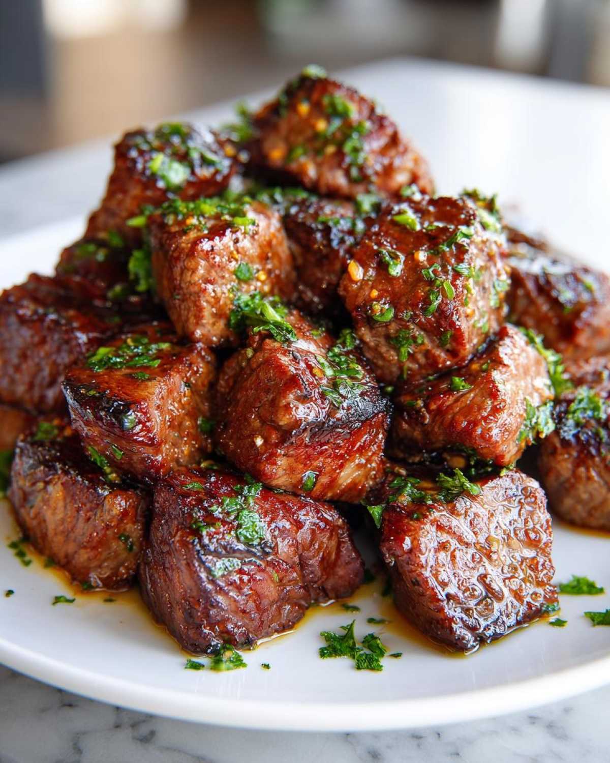 A close-up of a mound of perfectly seared Garlic Butter Steak Bites drizzled with butter sauce and topped with fresh parsley.