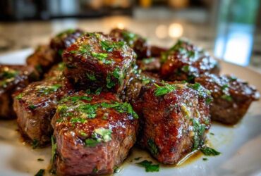 Close-up of tender Garlic Butter Steak Bites coated in glossy sauce and fresh parsley.