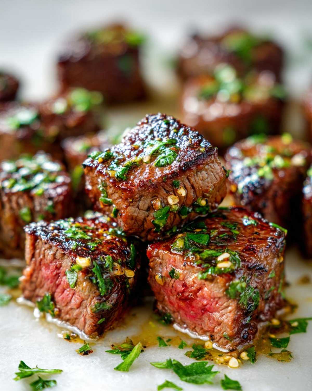Close-up of Garlic Butter Steak Bites stacked, showing a perfectly juicy center and glistening garlic butter sauce.