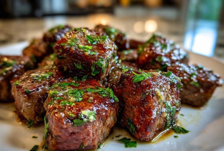Close-up of tender Garlic Butter Steak Bites coated in glossy sauce and fresh parsley.