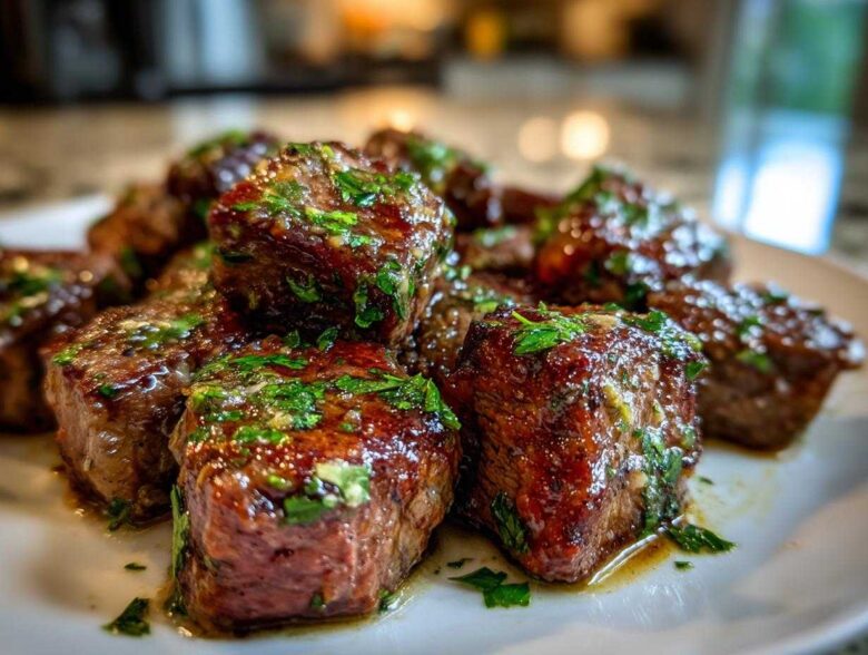 Close-up of tender Garlic Butter Steak Bites coated in glossy sauce and fresh parsley.