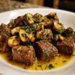 Close-up of savory Garlic Butter Steak Bites with Mushrooms coated in rich garlic butter sauce and fresh parsley.