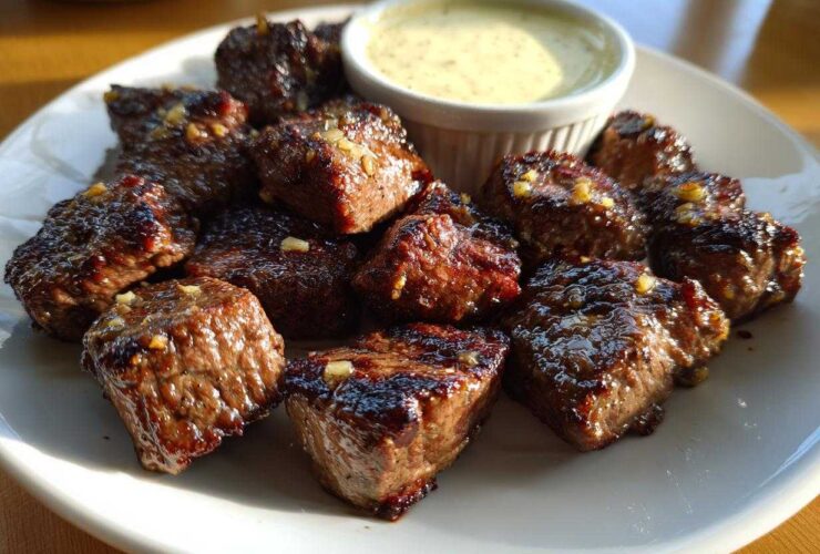 Close-up of juicy Garlic Butter Steak Bites seasoned with minced garlic, served on a white plate with a side of creamy dipping sauce.