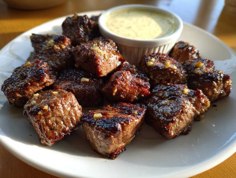 Close-up of juicy Garlic Butter Steak Bites seasoned with minced garlic, served on a white plate with a side of creamy dipping sauce.
