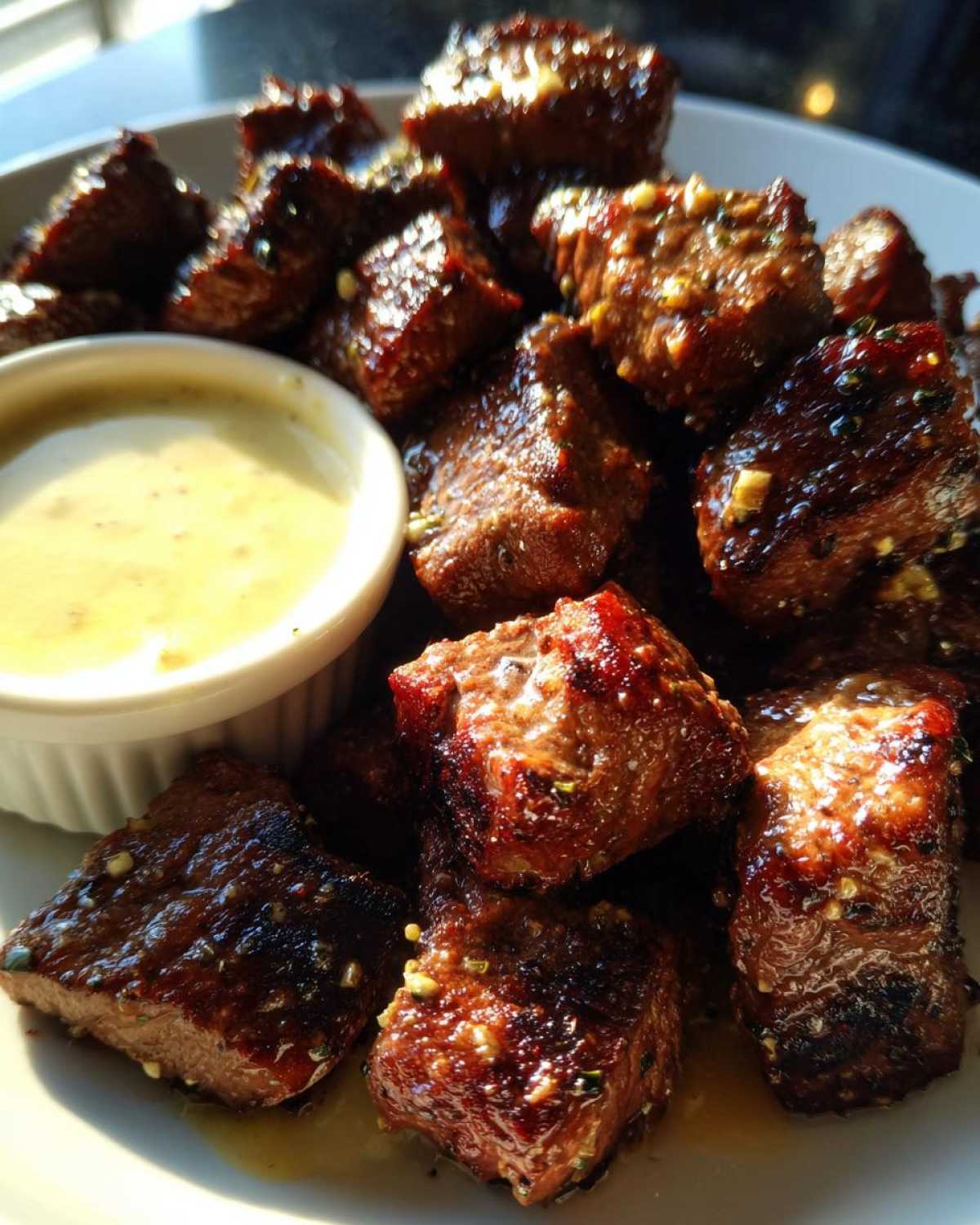 Close-up of juicy Garlic Butter Steak Bites glistening with sauce, served next to a small bowl of creamy garlic sauce.
