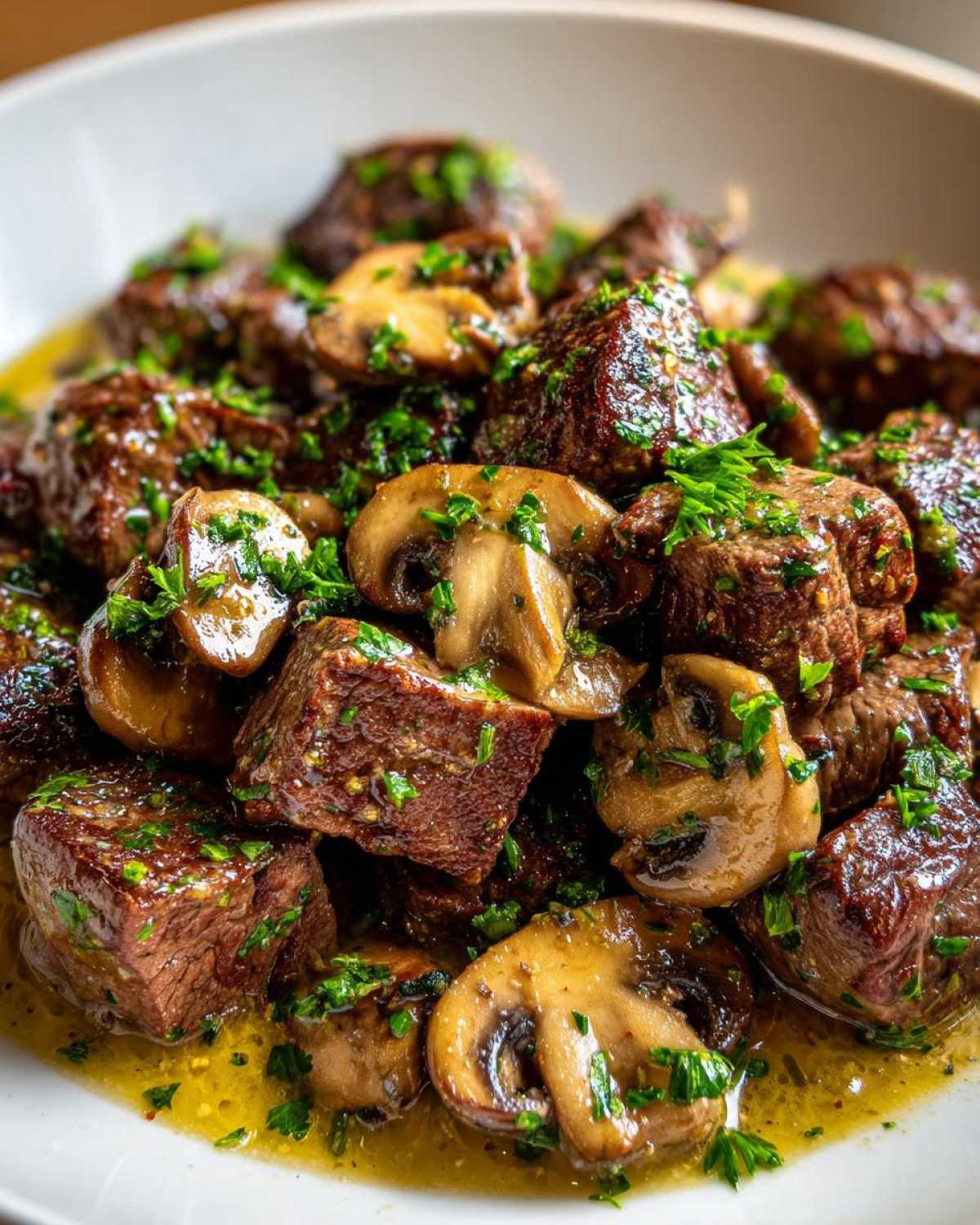Close-up of juicy Garlic Butter Steak Bites with Mushrooms coated in garlic butter sauce and garnished with parsley.