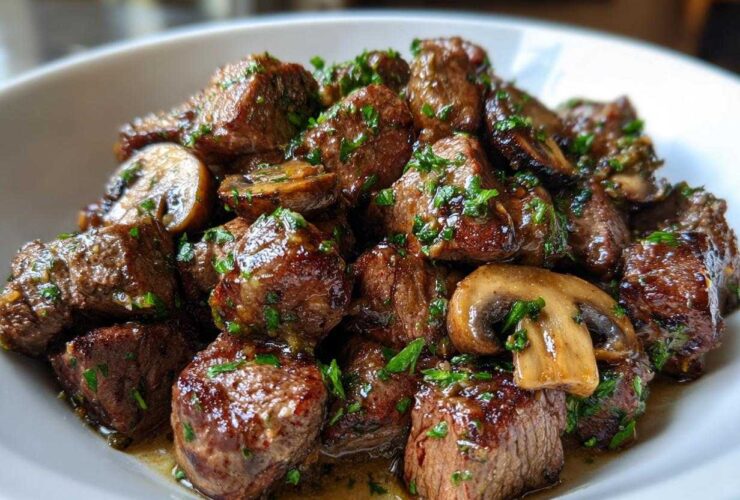 Close-up of juicy Garlic Butter Steak Bites with Mushrooms, glistening in sauce and topped with fresh parsley.