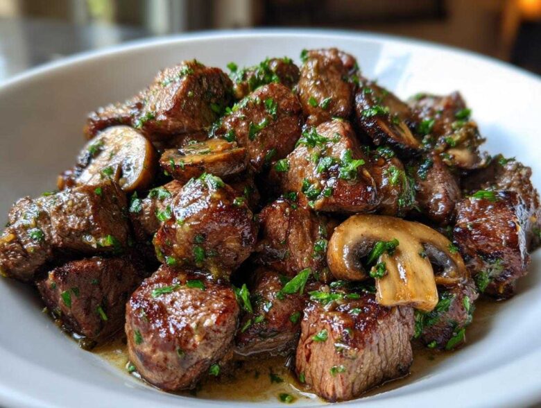 Close-up of juicy Garlic Butter Steak Bites with Mushrooms, glistening in sauce and topped with fresh parsley.