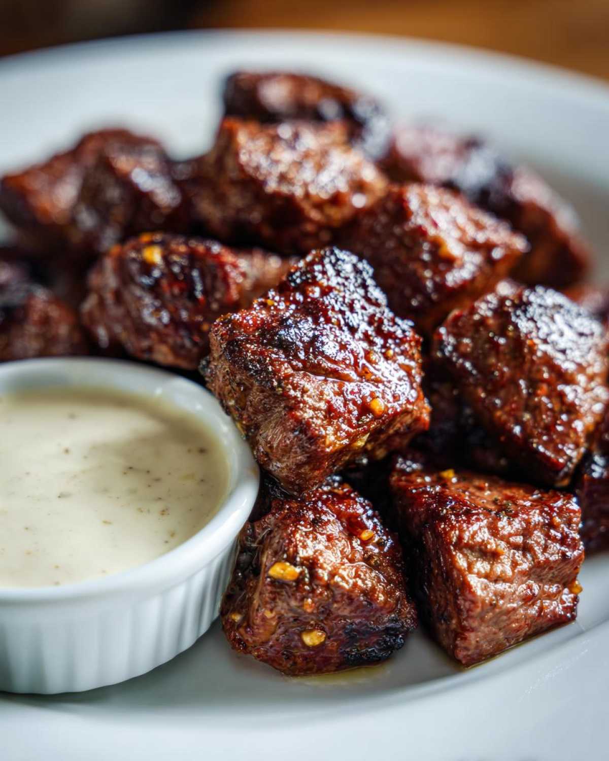 Close-up of perfectly seared Garlic Butter Steak Bites served next to a small white ramekin of creamy garlic sauce.