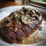 Perfectly cooked Garlic Butter Steak with Creamy Mushroom Sauce, sliced and served on a white plate.