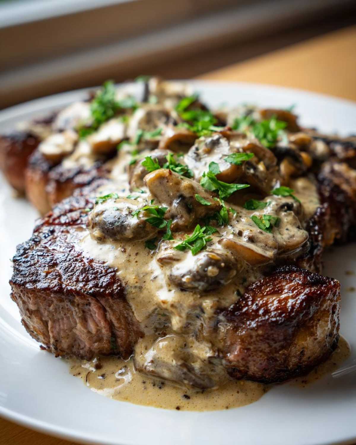 Close-up of a perfectly seared steak smothered in creamy mushroom sauce, ready to serve as Garlic Butter Steak.