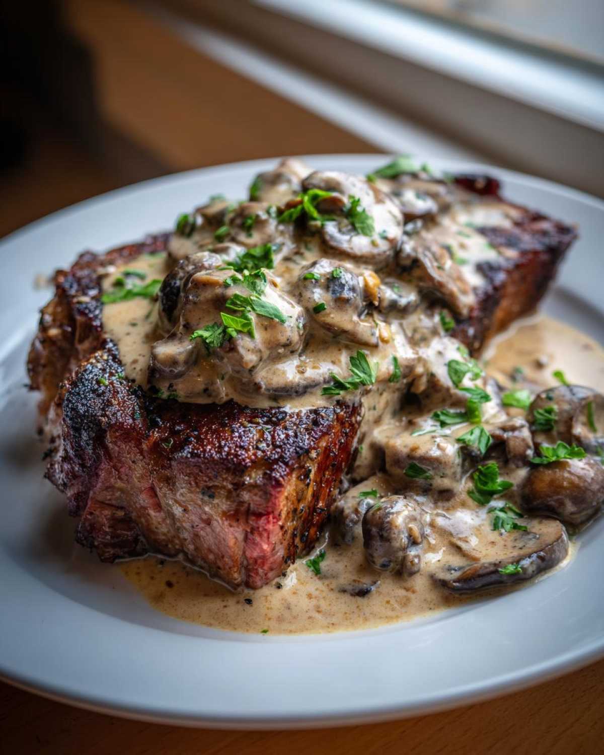 A perfectly seared steak smothered in rich, creamy mushroom sauce, showcasing the Garlic Butter Steak with Creamy Mushroom Sauce.
