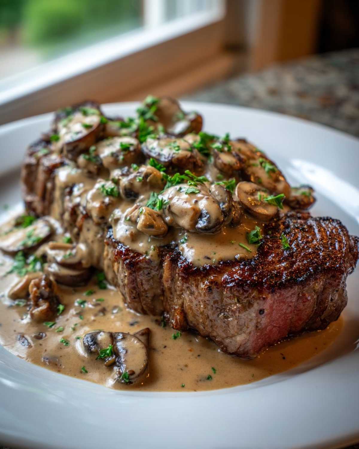 Perfectly seared steak topped with creamy mushroom sauce and fresh parsley, showcasing the Garlic Butter Steak with Creamy Mushroom Sauce.
