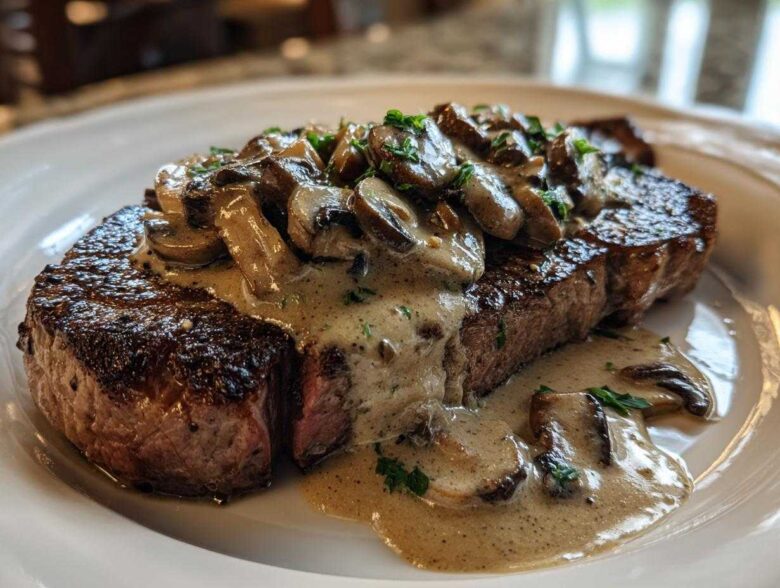 A perfectly seared steak topped generously with creamy mushroom sauce and sliced mushrooms, featuring Garlic Butter Steak.