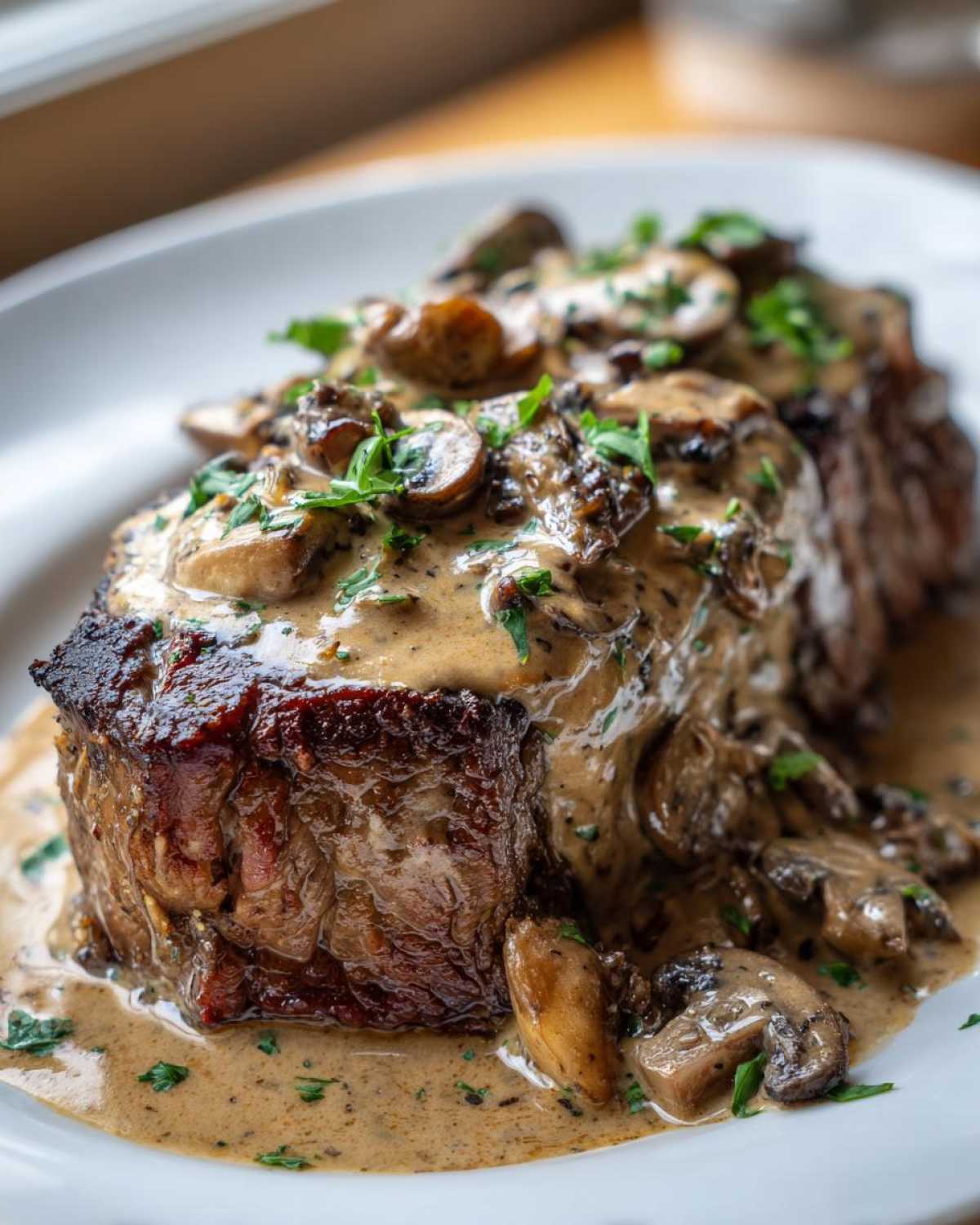 Close-up of a perfectly seared steak smothered in creamy mushroom sauce, part of the Garlic Butter Steak with Creamy Mushroom Sauce recipe.