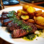 Close-up of sliced Garlic Butter Steak and Potatoes topped with vibrant green herb sauce on a white plate.