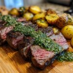 Perfectly cooked, sliced Garlic Butter Steak and Potatoes topped with a vibrant green herb sauce on a wooden board.