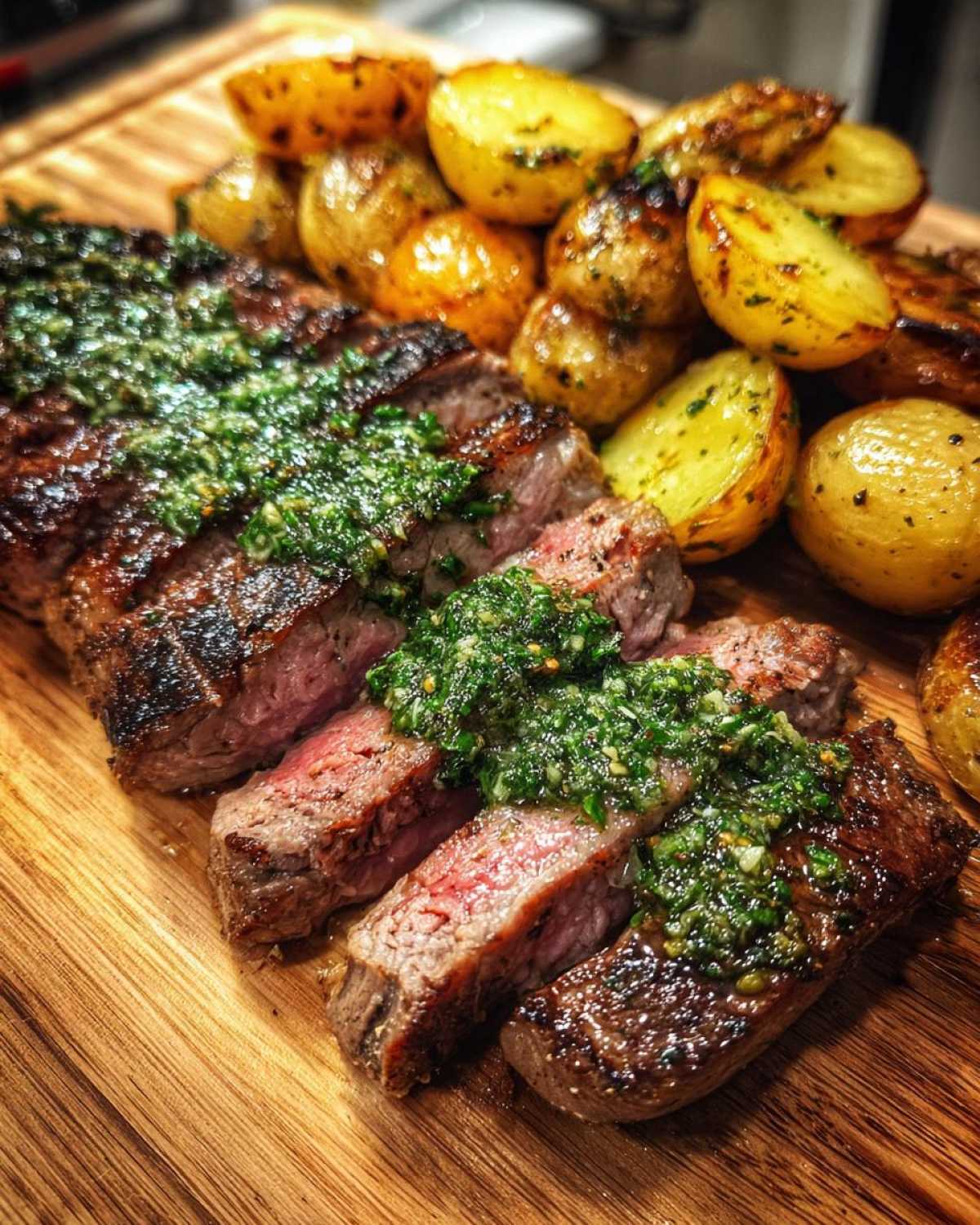 Slices of perfectly cooked Garlic Butter Steak and Potatoes topped with a vibrant green herb sauce.