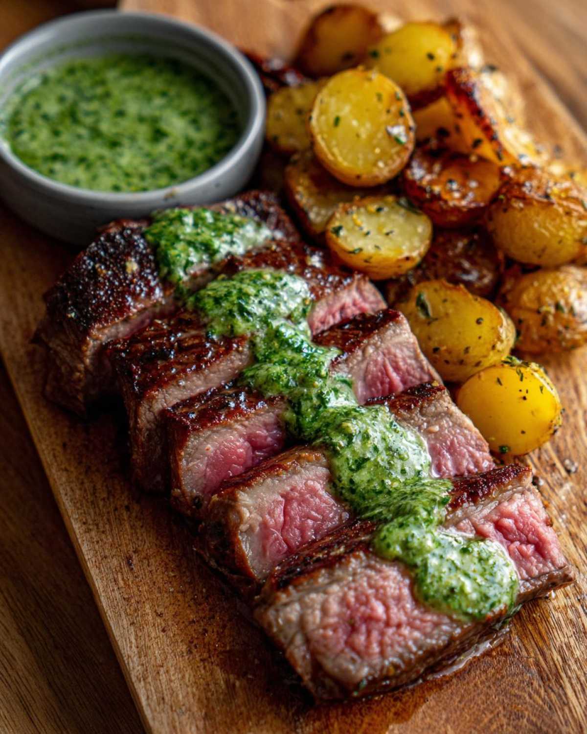 Perfectly sliced Garlic Butter Steak and Potatoes topped with vibrant green herb sauce on a wooden board.