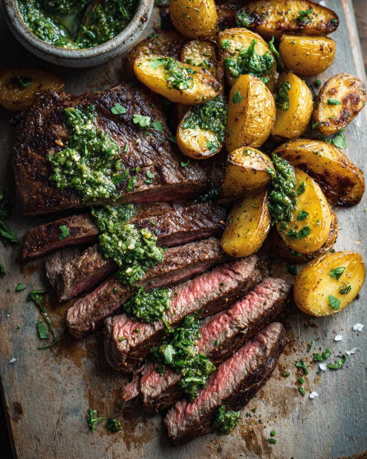 Sliced medium-rare Garlic Butter Steak and Potatoes served with a bright green herb sauce.
