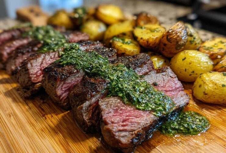 Perfectly cooked, sliced Garlic Butter Steak and Potatoes topped with a vibrant green herb sauce on a wooden board.
