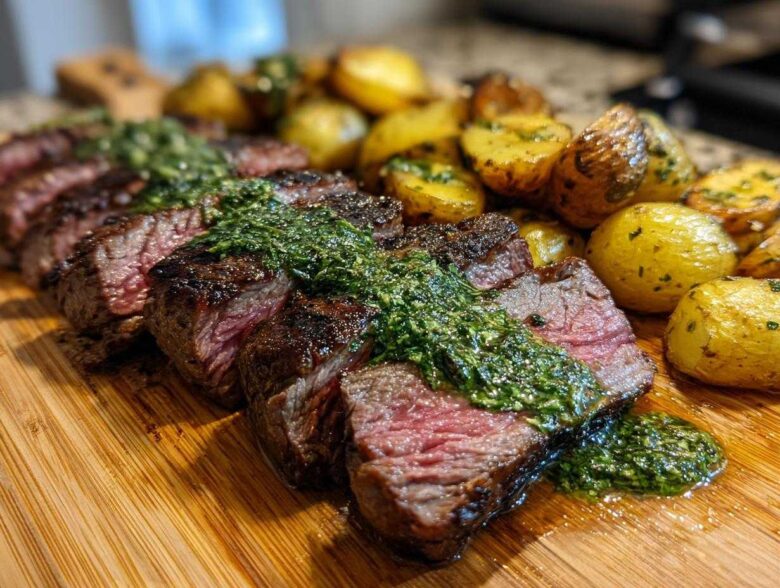 Perfectly cooked, sliced Garlic Butter Steak and Potatoes topped with a vibrant green herb sauce on a wooden board.