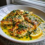 Four pan-seared fillets of Garlic Butter Tilapia with Lemon Sauce, swimming in bright yellow butter sauce and topped with fresh parsley.