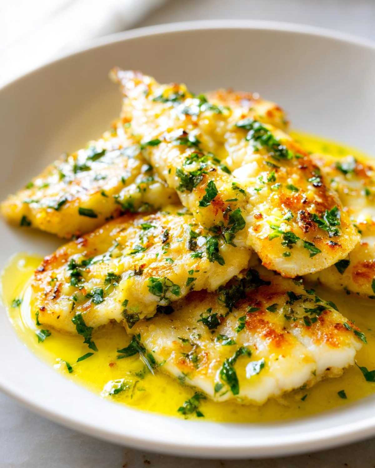 Close-up of pan-seared Garlic Butter Tilapia with Lemon Sauce, glistening in a rich butter sauce and topped with fresh parsley.
