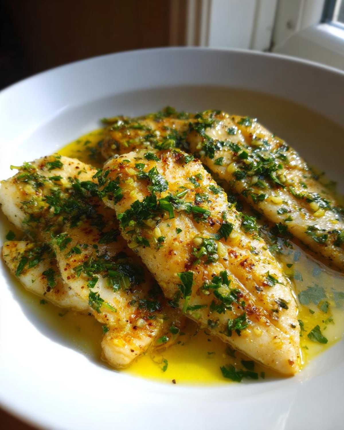 Four cooked fillets of Garlic Butter Tilapia with Lemon Sauce topped with fresh parsley and garlic in a pool of butter sauce.