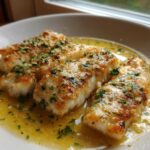 Three fillets of pan-seared Garlic Butter Tilapia with Lemon Sauce, covered in melted butter and fresh parsley.