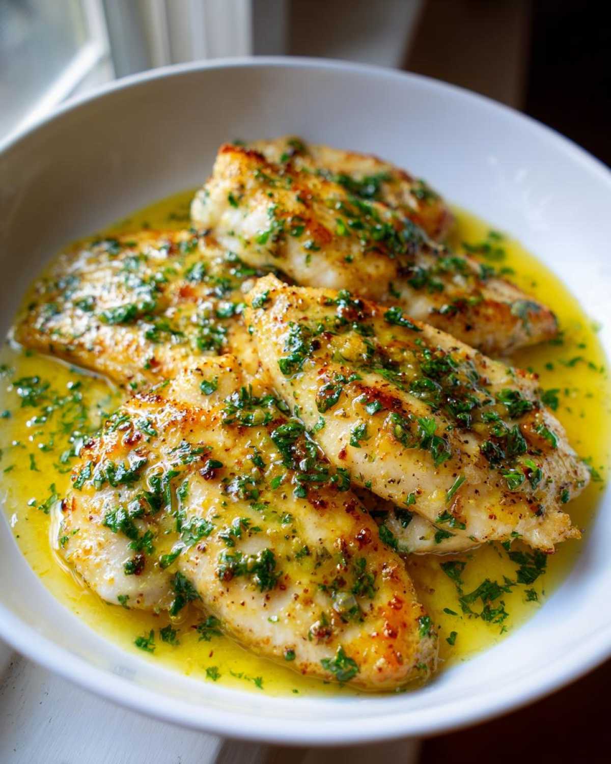 Three fillets of golden-brown Garlic Butter Tilapia with Lemon Sauce, generously topped with fresh parsley, served in a white bowl.