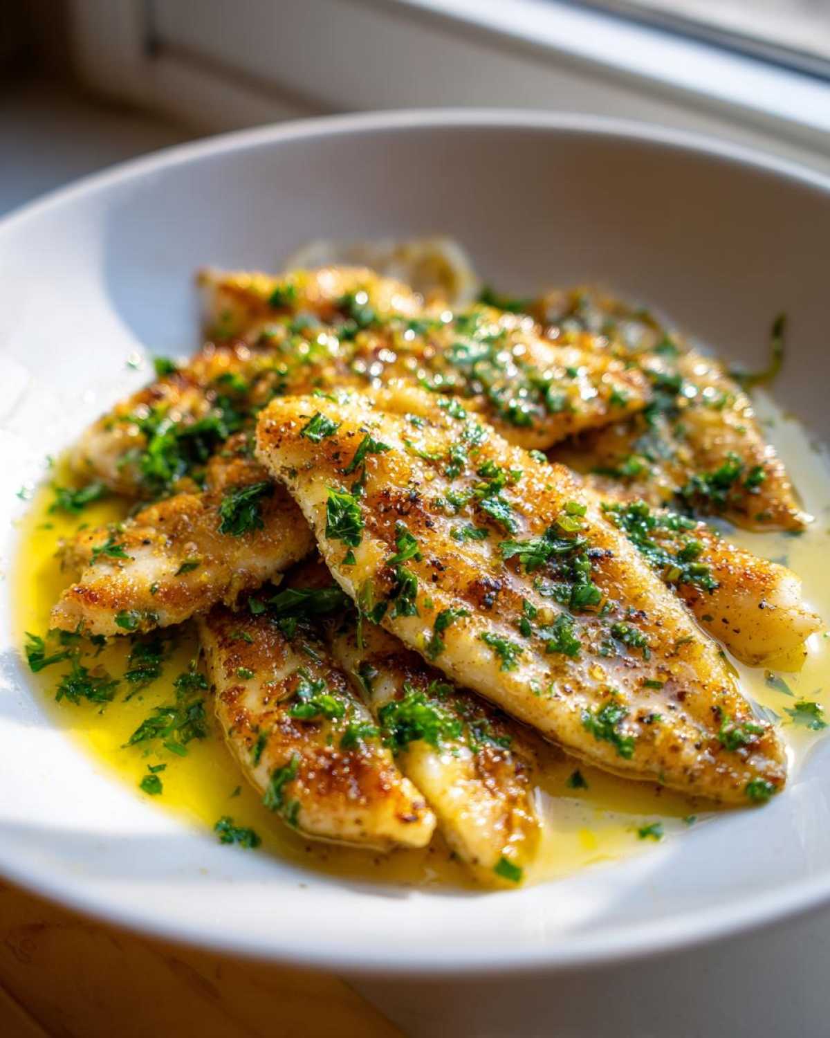 Close-up of pan-seared Garlic Butter Tilapia with Lemon Sauce, glistening in butter and topped with fresh parsley.