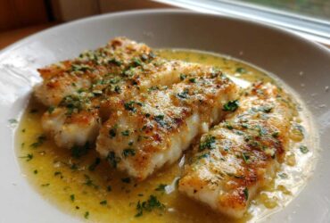 Three fillets of pan-seared Garlic Butter Tilapia with Lemon Sauce, covered in melted butter and fresh parsley.