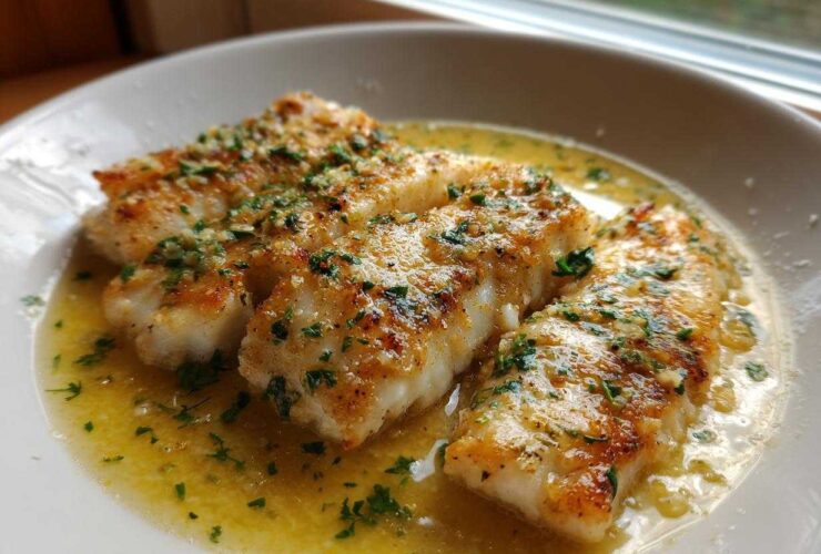 Three fillets of pan-seared Garlic Butter Tilapia with Lemon Sauce, covered in melted butter and fresh parsley.