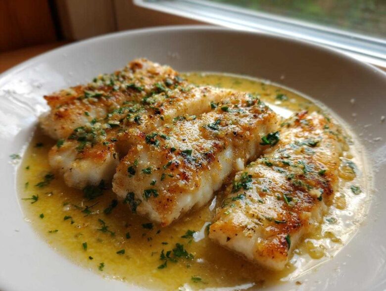 Three fillets of pan-seared Garlic Butter Tilapia with Lemon Sauce, covered in melted butter and fresh parsley.