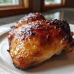 Close-up of glistening, caramelized Honey Butter Chicken Skillet with golden edges resting on a white plate.