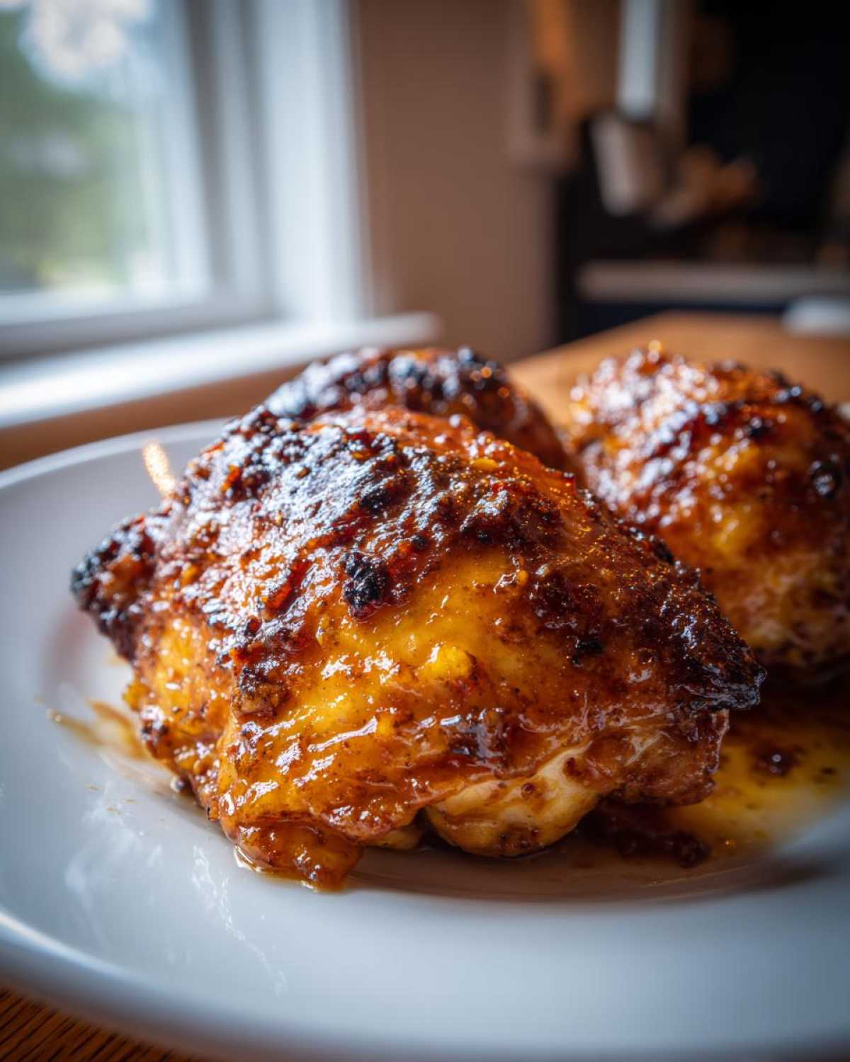 Close-up of two pieces of Honey Butter Chicken Skillet with golden, caramelized edges resting on a white plate.