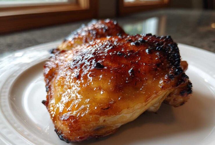 Close-up of glistening, caramelized Honey Butter Chicken Skillet with golden edges resting on a white plate.