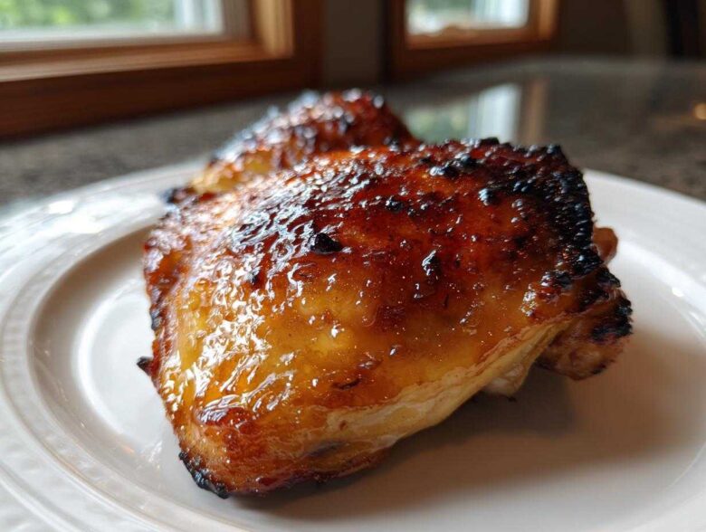 Close-up of glistening, caramelized Honey Butter Chicken Skillet with golden edges resting on a white plate.