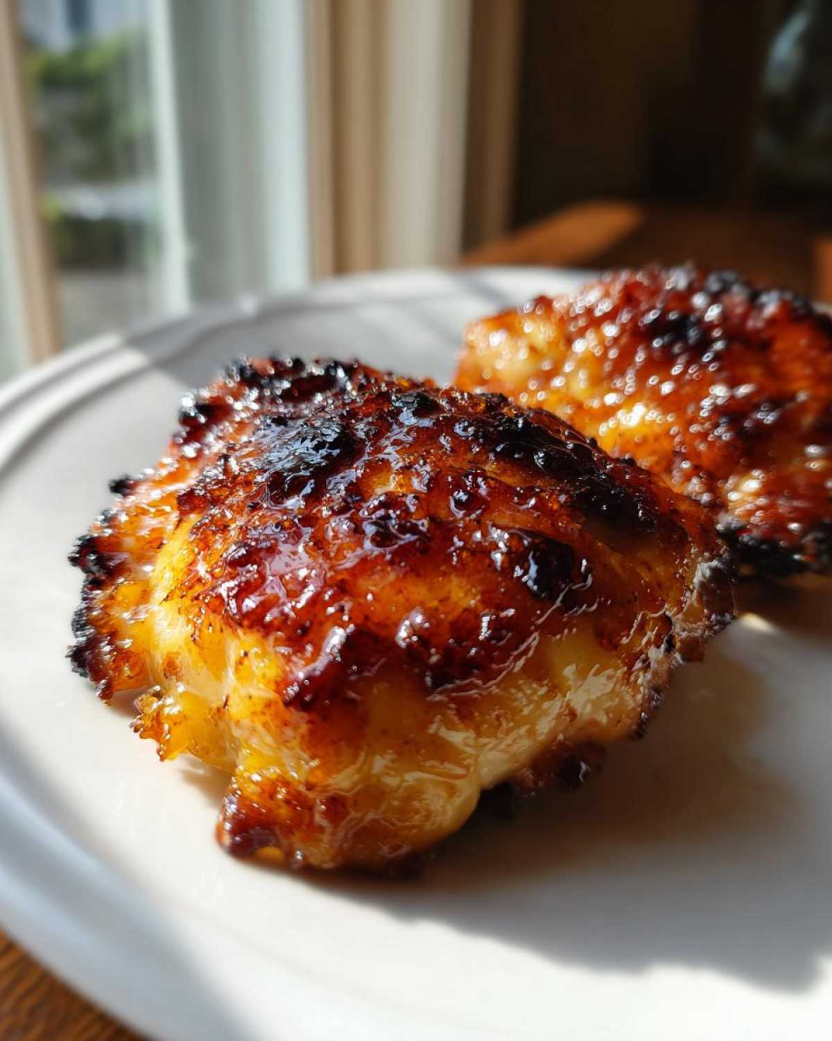 Two pieces of Honey Butter Chicken Skillet with beautifully caramelized, dark golden edges resting on a white plate.
