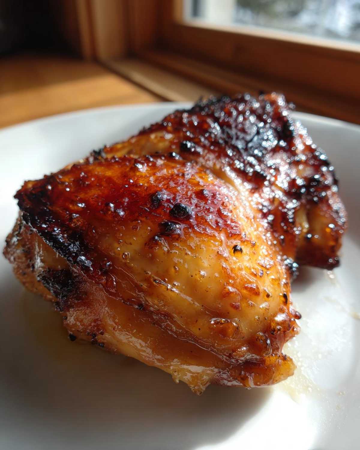 Close-up of two pieces of Honey Butter Chicken Skillet with a shiny, caramelized, golden-brown glaze.