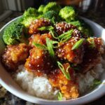 Close-up of Honey Garlic Chicken Bites served over white rice with steamed broccoli and garnished with sesame seeds.