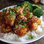 Close-up of Honey Garlic Chicken Bites coated in a shiny glaze, served over white rice with steamed broccoli and green onions.