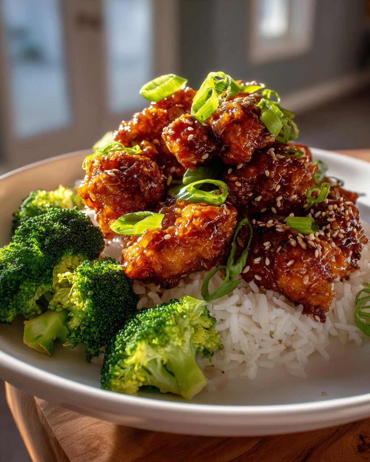 Close-up of Honey Garlic Chicken Bites served over white rice with steamed broccoli florets, garnished with sesame seeds and green onions.